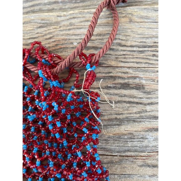 Antique Glass Beaded Pouch Draw String Purse Red Blue No lining - Picture 3 of 9